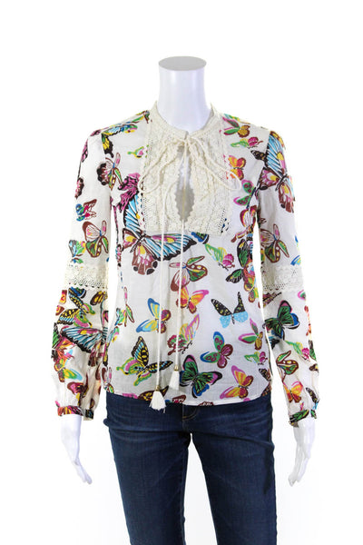 Tory Burch Womens White Cotton Butterfly V-neck Long Sleeve Blouse Top Size 0