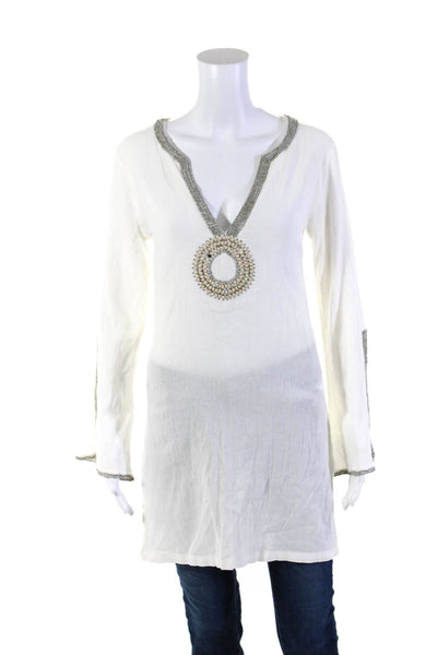 Melissa Odabash Womens White Cotton Beaded V-Neck Long Sleeve Mini Dress Size S