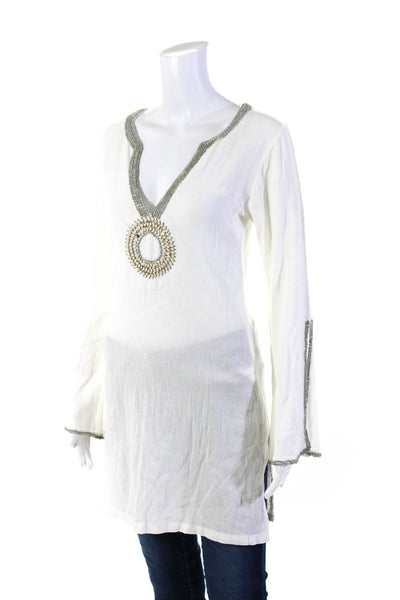 Melissa Odabash Womens White Cotton Beaded V-Neck Long Sleeve Mini Dress Size S