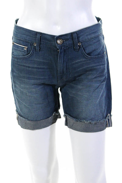 Strom Atelje Womens Blue Medium Wash Distress Midi Denim Shorts Size 24