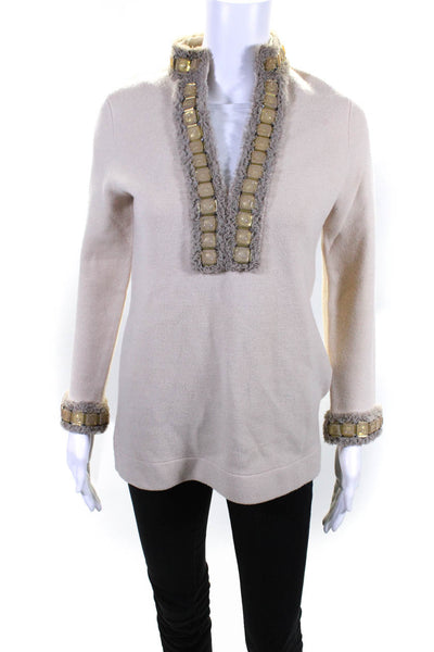 Tory Burch Women's Embellished Wool Blend V Neck Pullover Sweater Beige Size S