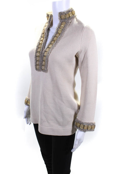 Tory Burch Women's Embellished Wool Blend V Neck Pullover Sweater Beige Size S