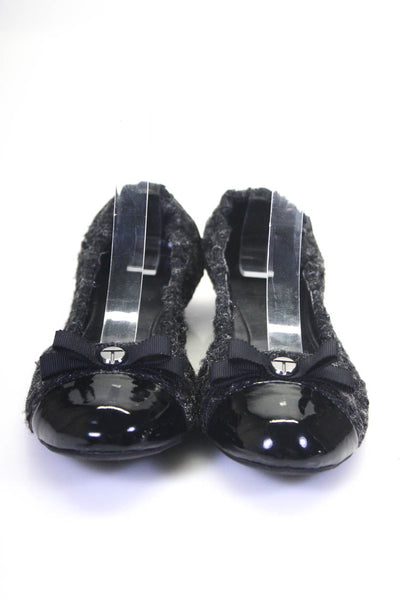 Tahari Womens Cap Toe Tweed Textured Metallic Bow Slip-On Flats Black Size 10