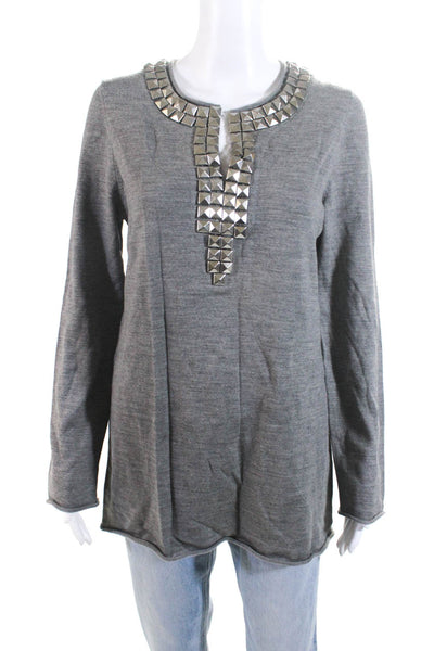 Tory Burch Womens Merino Wool Studded Long Sleeve Tunic Knit Top Gray Size L