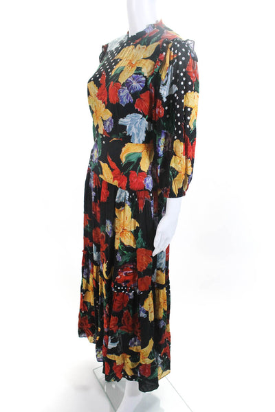 Rixo Womens Floral Print Long Sleeves A Line Maxi Dress Black Size 4