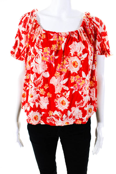Free People Womens Floral Print Cut Out Short Sleeve Blouse Top Orange Size XS