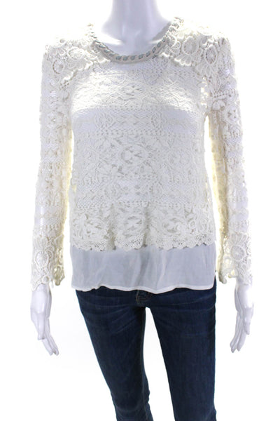 Maje Womens Floral Lace Layered Long Sleeved Round Neck Blouse Cream Size 1