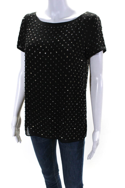 Milly Womens 100% Silk Studded Short Sleeved Blouse Black Silver Tone Size 0
