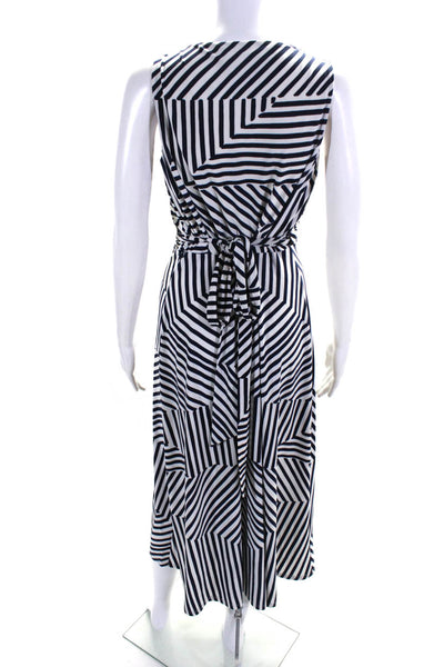 Lauren Ralph Lauren Women's V-Neck Sleeveless Wrap Midi Dress Blue Stripe Size 2
