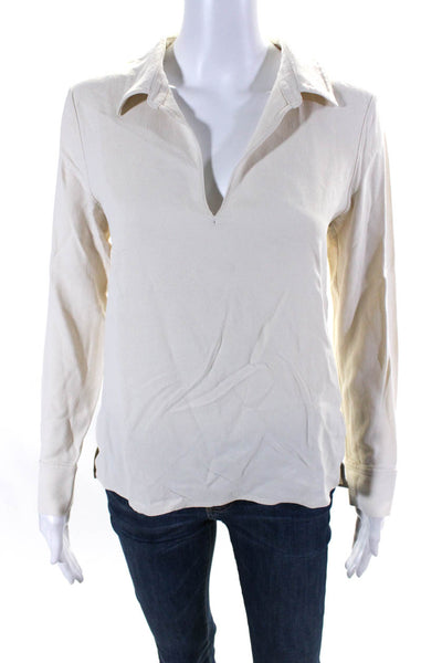 Theory Womens White Collar V-Neck Cuff Long Sleeve Blouse Top Size S
