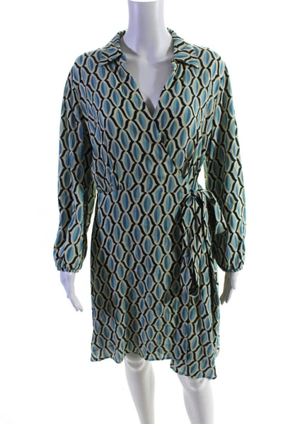 Velvet Women's Abstract Print Long Sleeve V-Neck Wrap Dress Blue Size L