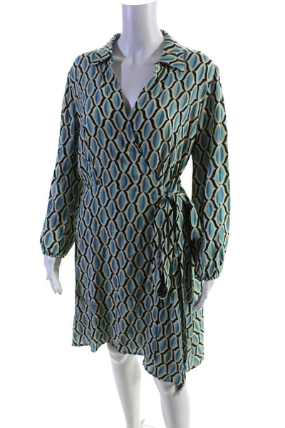 Velvet Women's Abstract Print Long Sleeve V-Neck Wrap Dress Blue Size L