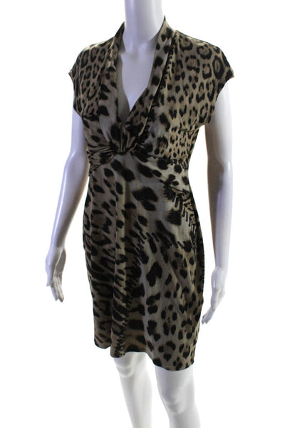 Roberto Cavalli Women's Leopard Print V-neck Gathered Shift Dress Beige Size 44