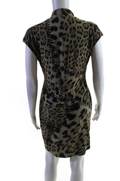 Roberto Cavalli Women's Leopard Print V-neck Gathered Shift Dress Beige Size 44