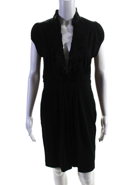 BCBGMAXAZRIA Women's Petites Pleated Trim Cap Sleeve Sheath Dress Black Size M