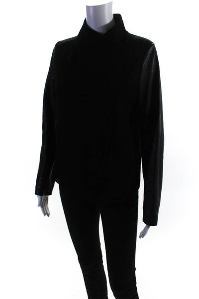 Vince Women's Leather Accent Wool Asymmetric Zip Jacket Black Size M