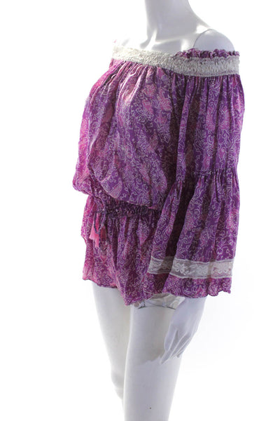 Poupette St. Barth Womens Silk Abstract Print Flared Sleeve Romper Purple Size 3