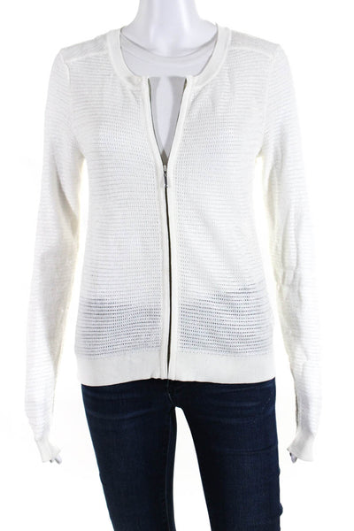 Robert Rodriguez Womens Open Knit Glitter Print Zipped Sweater White Size S