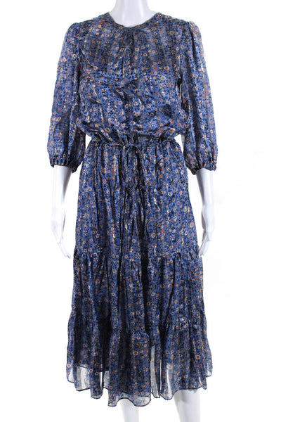 Gerard Darel Womens Metallic Floral Print Tied Drawstring Dress Blue Size EUR44