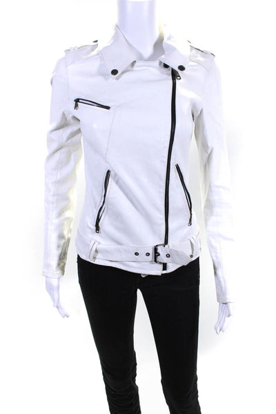 Nour Hammour Womens White Leather Belted Long Sleeve Motorcycle Jacket Size S/M