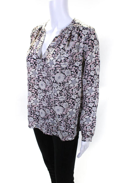 Rebecca Taylor Women's Long Sleeve Floral V Neck Silk Blouse Pink White Size 4