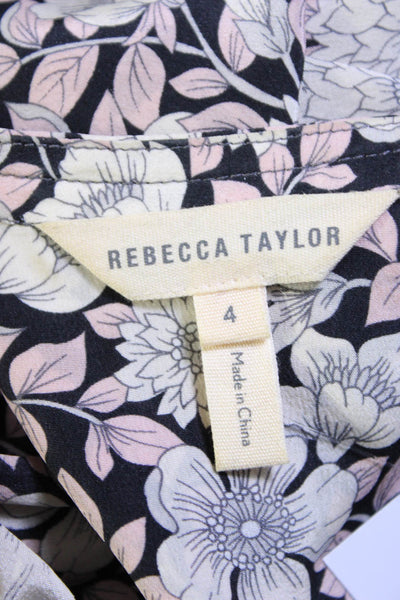 Rebecca Taylor Women's Long Sleeve Floral V Neck Silk Blouse Pink White Size 4