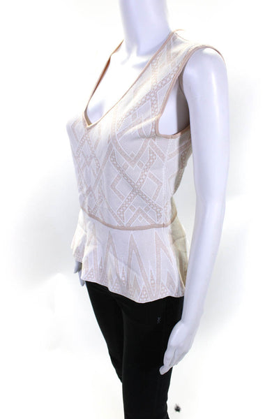 BCBGMAXAZRIA Women's Abstract V Neck Sleeveless Peplum Blouse Beige White Size M