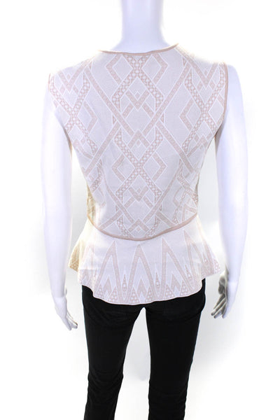 BCBGMAXAZRIA Women's Abstract V Neck Sleeveless Peplum Blouse Beige White Size M