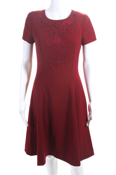 Badgley Mischka Womens Embroidered Short Sleeve Zip Up Dress Burgundy Size 6