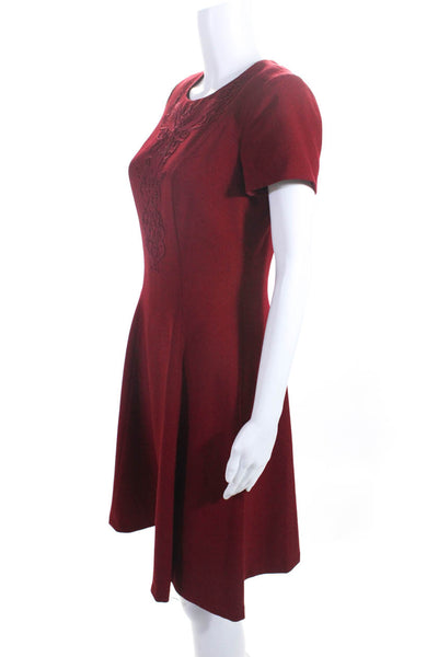 Badgley Mischka Womens Embroidered Short Sleeve Zip Up Dress Burgundy Size 6