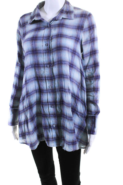 Free People Womens Cotton Plaid Long Sleeve Button Up Blouse Top Blue Size 4