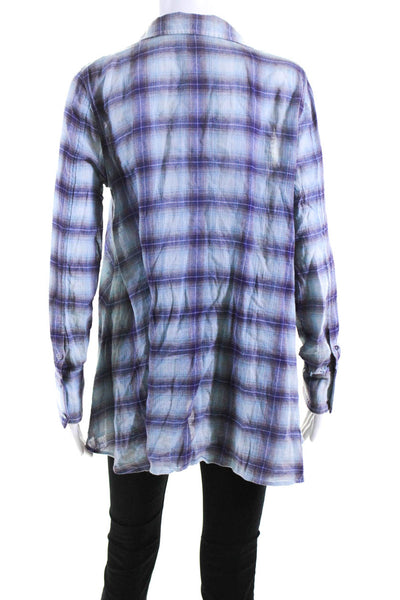 Free People Womens Cotton Plaid Long Sleeve Button Up Blouse Top Blue Size 4