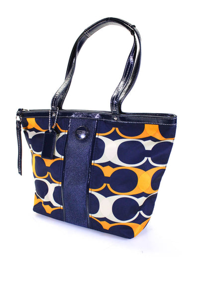 Coach Small Patent Leather Trim Monogram Nylon Tote Handbag Orange Navy Blue