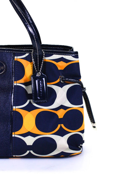Coach Womens Patent Leather Trim Monogram Nylon Tote Handbag Navy Blue Orange