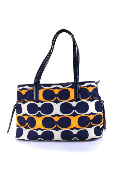 Coach Womens Patent Leather Trim Monogram Nylon Tote Handbag Navy Blue Orange