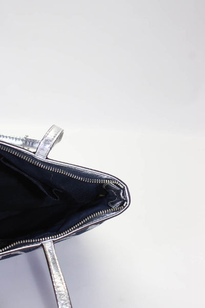 Coach Womens Monogram Denim Metallic Leather Trim Tote Handbag Blue Silver