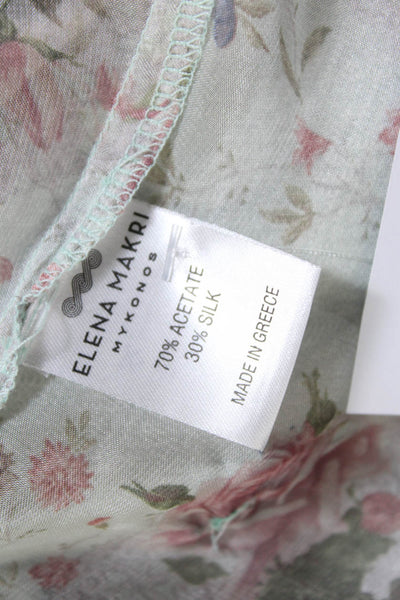 Elena Makri Womens Silk Floral Print Short Sleeves Wrap Blouse Blue Size Small