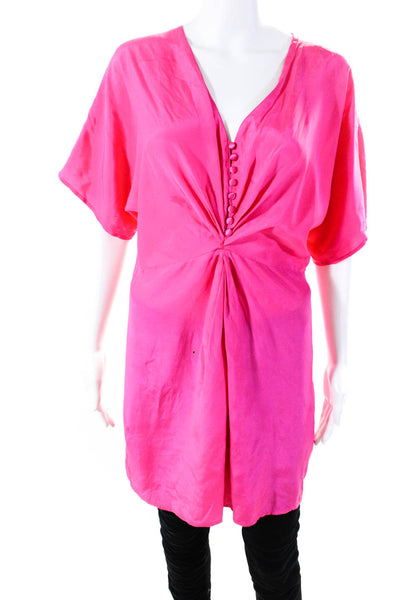 Yumi Kim Womens 100% Silk V Neck Buttoned Short Sleeved Blouse Hot Pink Size M