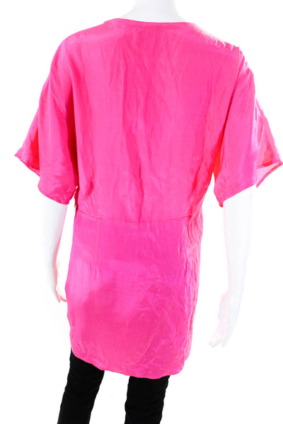 Yumi Kim Womens 100% Silk V Neck Buttoned Short Sleeved Blouse Hot Pink Size M