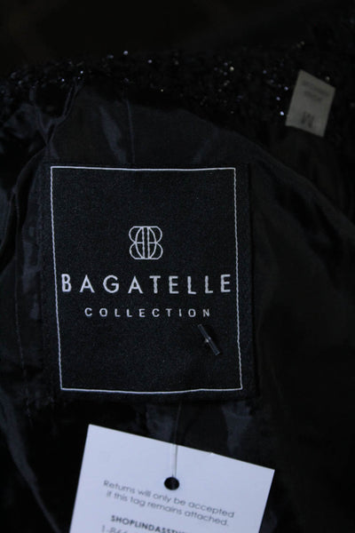 Bagatelle Womens Tweed Metallic Fringe Trim Open Blazer Jacket Black Size M