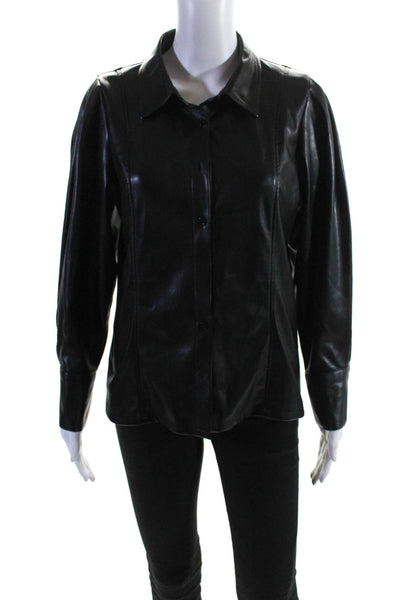 Sundays Womens Faux Leather Long Sleeve Collared Button Down Shirt Black Size M
