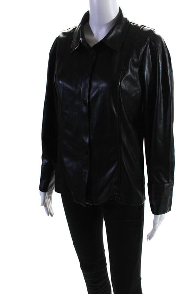 Sundays Womens Faux Leather Long Sleeve Collared Button Down Shirt Black Size M