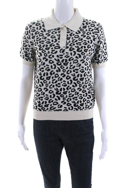 Sandy Liang Womens Cotton Animal Print Buttoned Collared Sweater White Size S