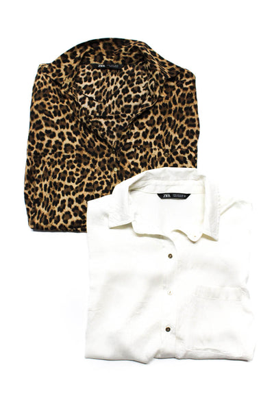Zara Womens Button Down Shirts White Brown Size Medium Small Lot 2