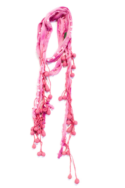 Chan Luu Womens Embroidered Sequined Pom Pom Wrapped Necklace Pink