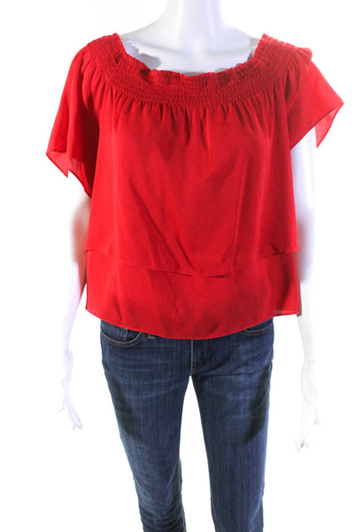 Amanda Uprichard Womens Off Shoulder Smocked Short Sleeve Top Blouse Red Petite