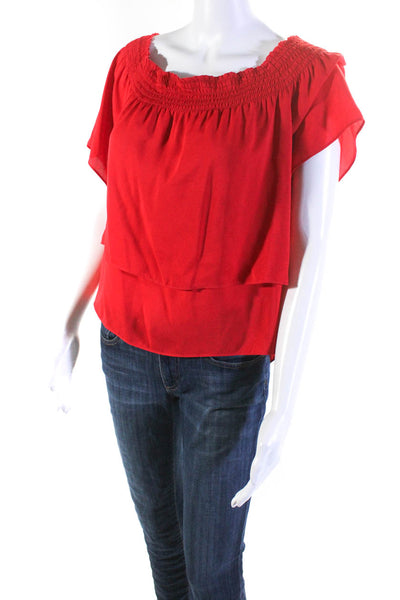 Amanda Uprichard Womens Off Shoulder Smocked Short Sleeve Top Blouse Red Petite