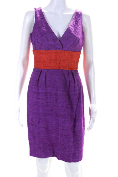 Trina Turk Womens Silk Tweed Colorblock V Neck Pencil Dress Purple Orange Size 4