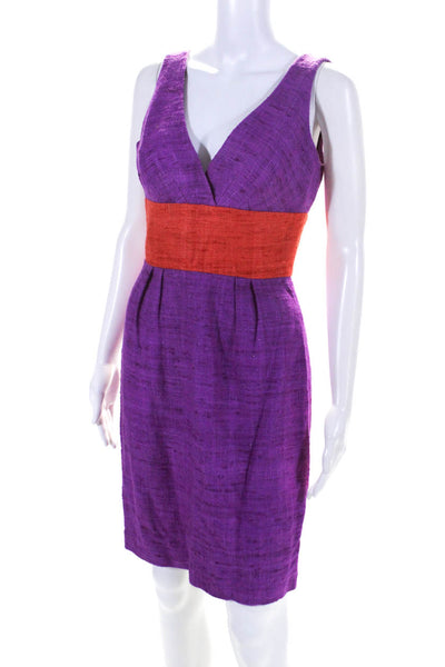 Trina Turk Womens Silk Tweed Colorblock V Neck Pencil Dress Purple Orange Size 4