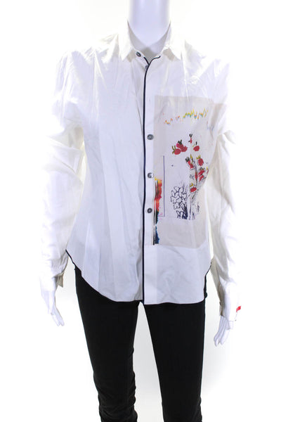 Rohka Womens Floral Panel Long Sleeve Button Up Poplin Shirt Blouse White Medium